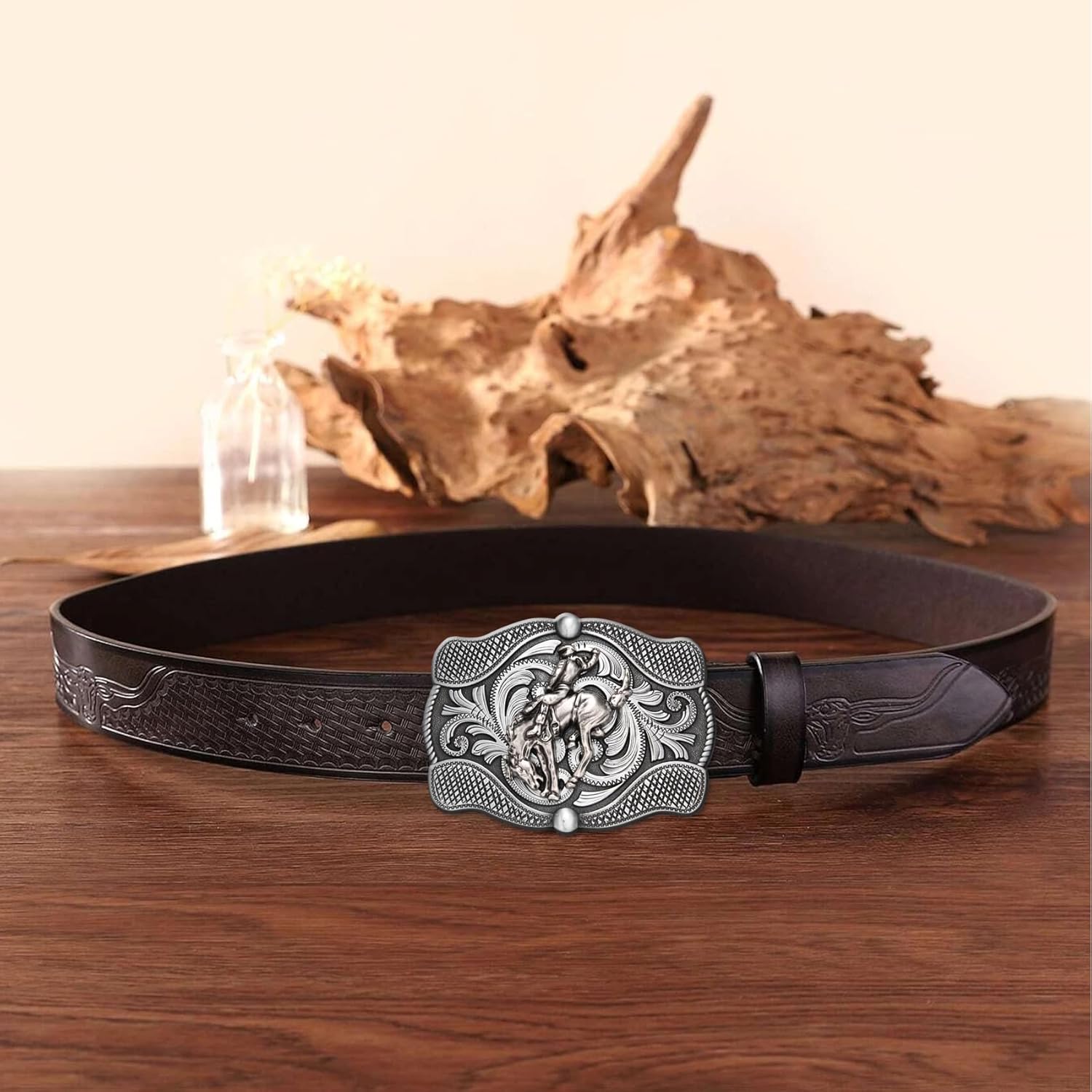 Horse Belt Buckle for Women Men, Western Longhorn Running Horse Boots Floral Cowboy Texas Antique Belt Buckles - Image 5