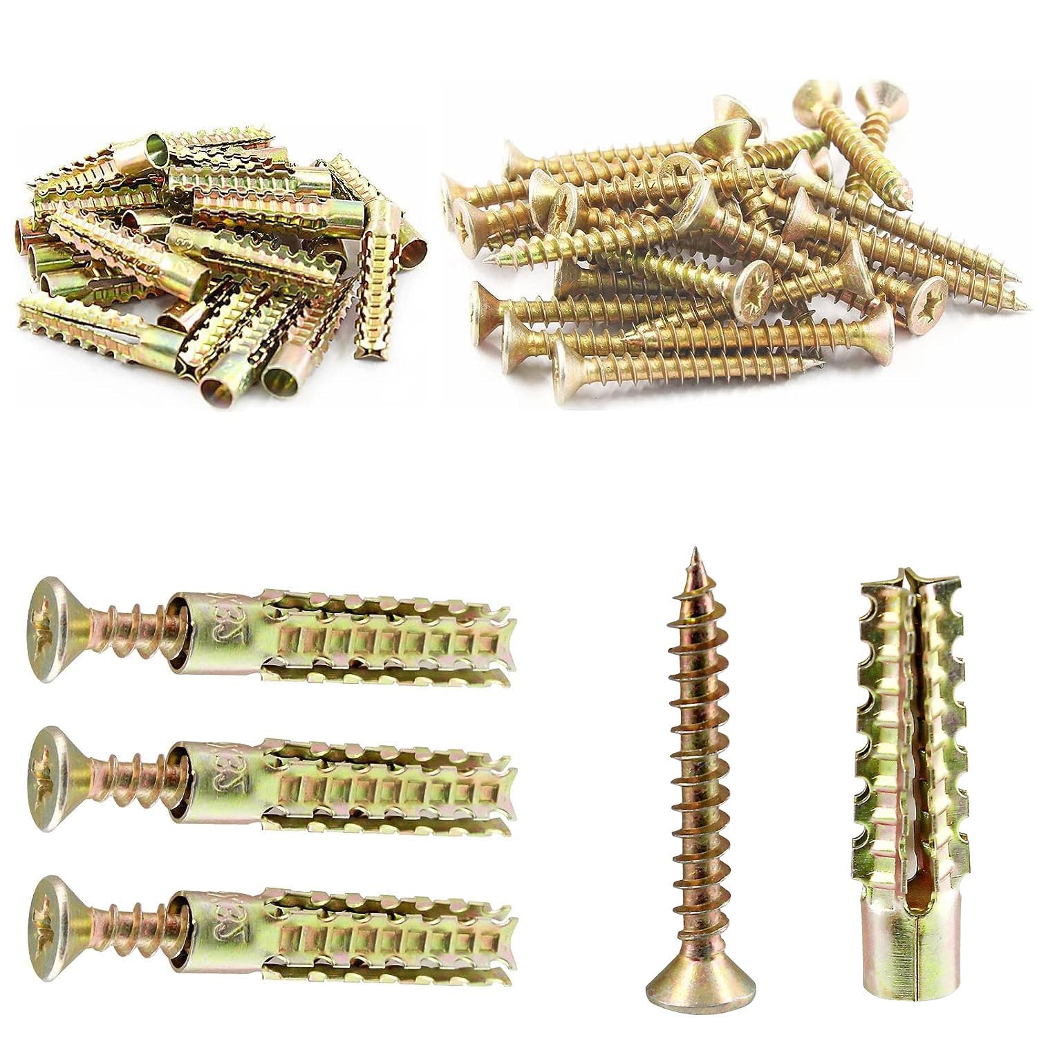 20PCs Self Tapping Screws and Ribbed Anchors Assortment Screws Kit, Galvanized Surface, Screws Assortment Steel Self Drilling Drywall Anchors Wall Plugs Set for Hollow Wall Hanging or Blinds, 6x32mm