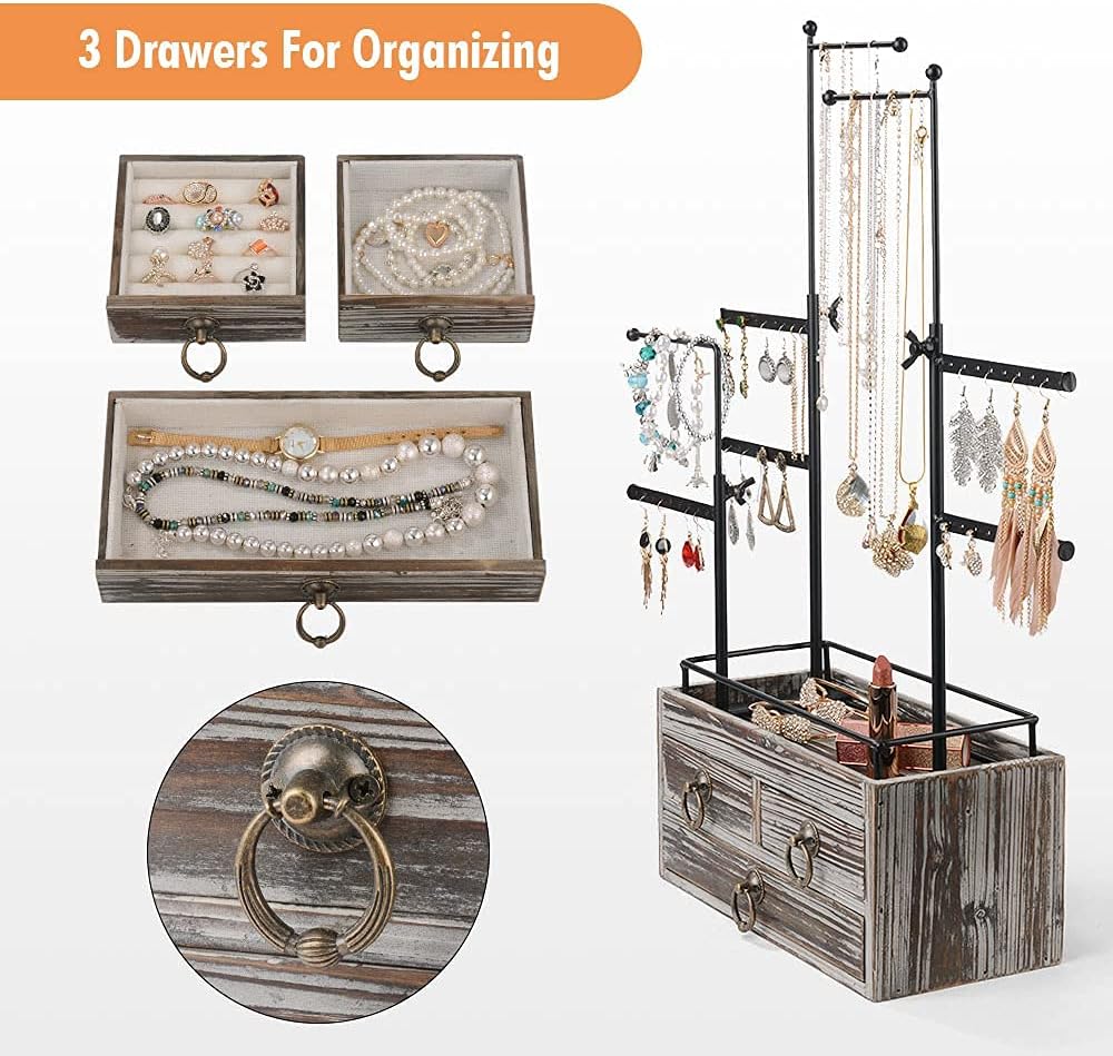 Ikkle Rustic Jewelry Organizer Stand, Wooden Jewelry Drawer Box with 8 Tier Jewelry Tree Stand, Jewelry Necklace Holder, Jewelry Tower Display for Necklaces Bracelets Earrings Rings (Grey) : Clothing, Shoes & Jewelry