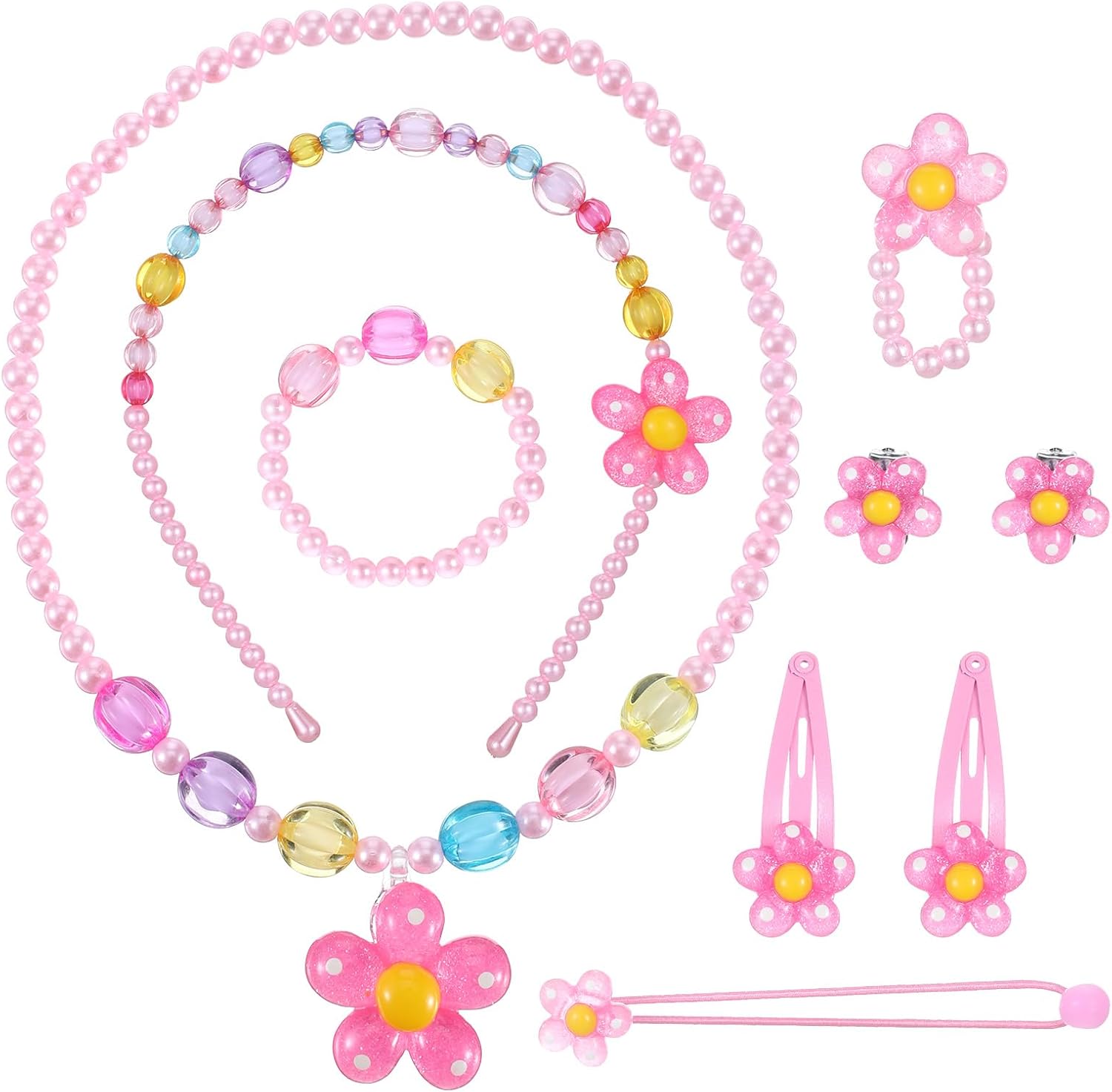 Kids Jewelry for Girls Set of 10 Pcs, Includes Headbands, Hair Clips, Hair Ties, Stretch Necklaces, Bracelets, Rings and Clip-on Earrings for Girl Birthday Gifts