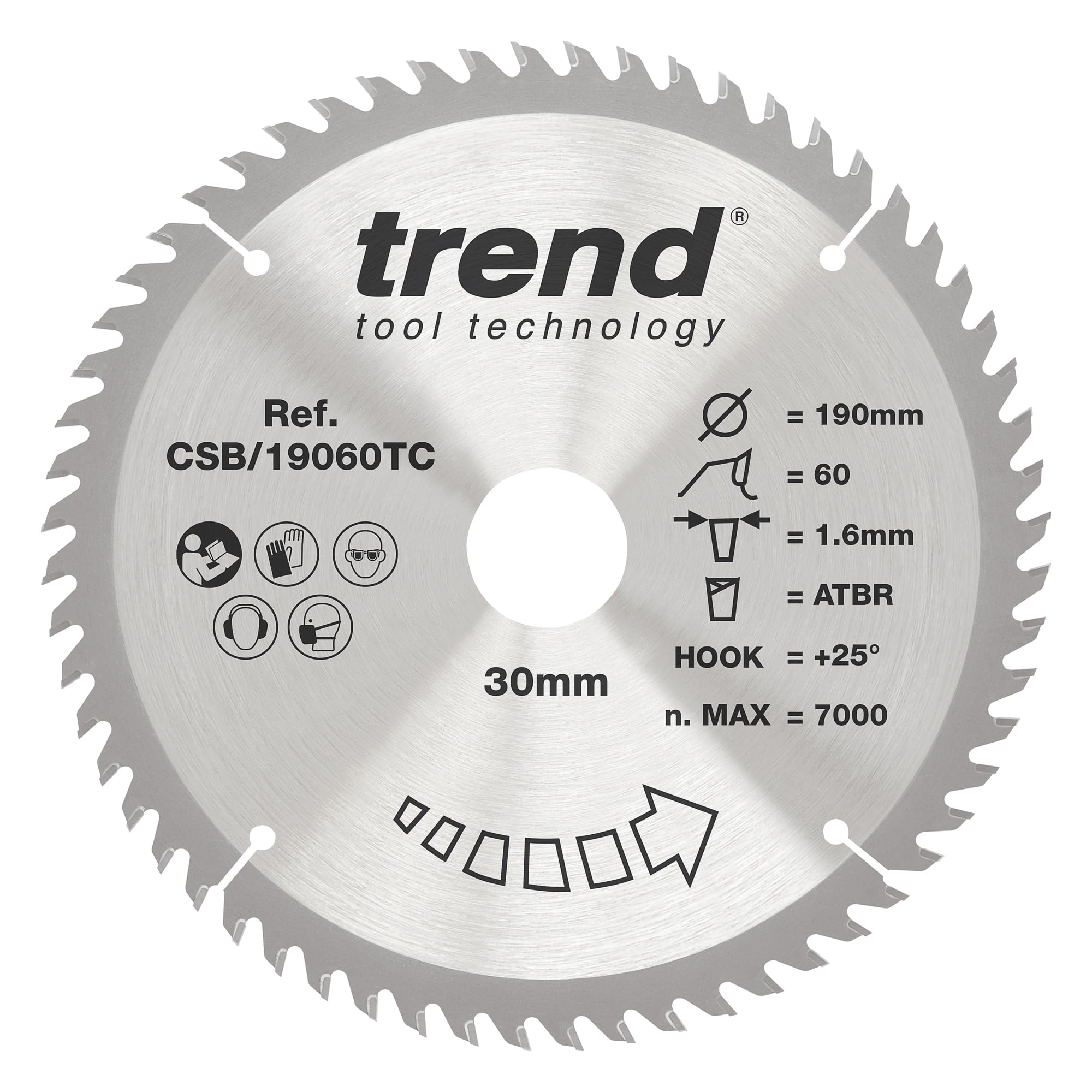 Trend 190Mm X 60 Teeth X 30Mm Bore Wood Cordless Atbr Circular Saw Blade, 190Mm Diameter, 30Mm Bore, 60 Teeth, 1.6Mm Kerf, +25° Hook, Tct, Extra-Fine Finish, Csb/19060Tc