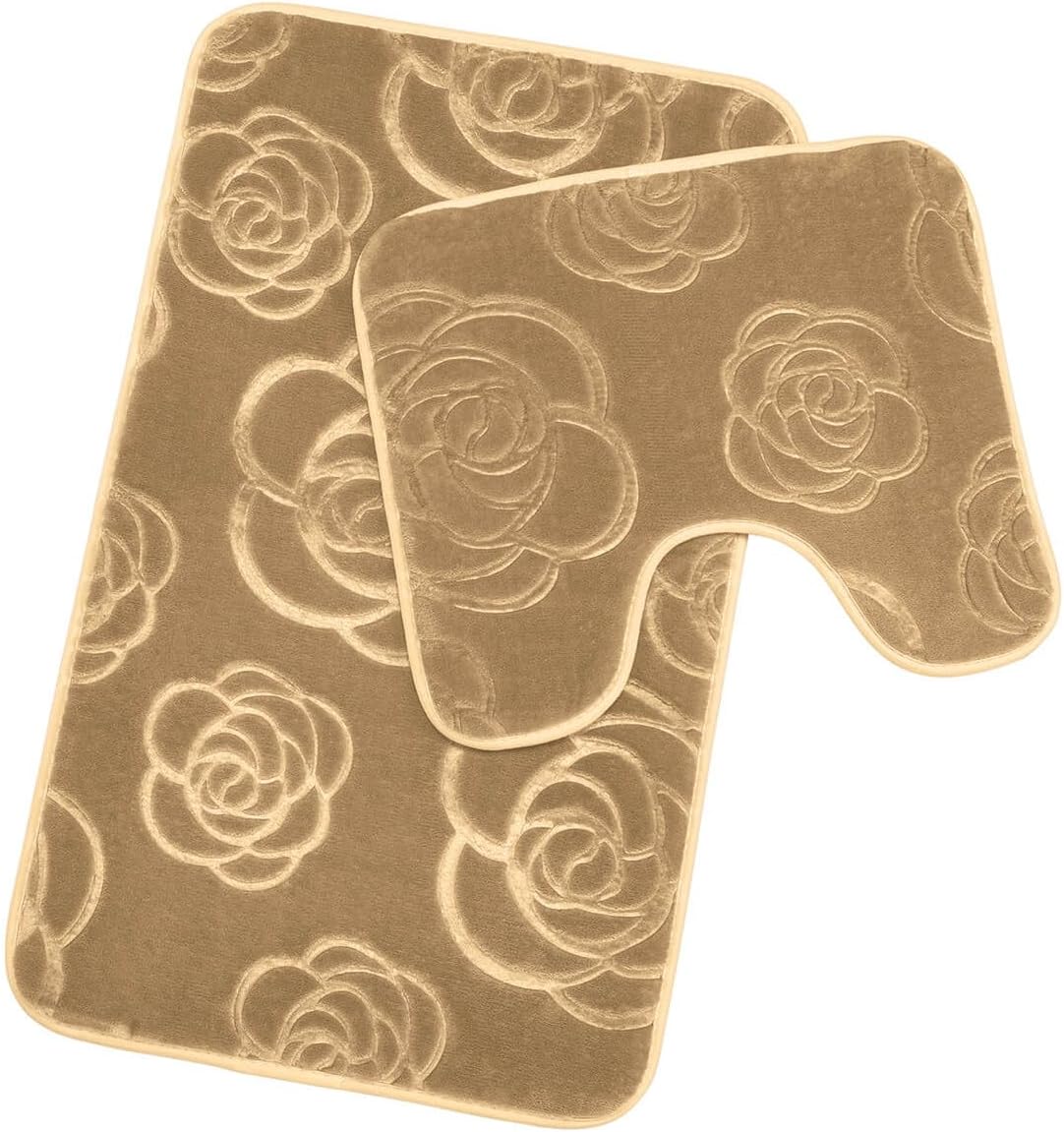 Rose Embossed Memory Foam Mat Set: Pretty and Cushioned. Soft Memory Foam, Non-Slip Backing. Includes Bath Mat (19 1/2" x 31 1/2") and Contour Toilet Mat (19 1/2" x 15 3/4") - Tan Design