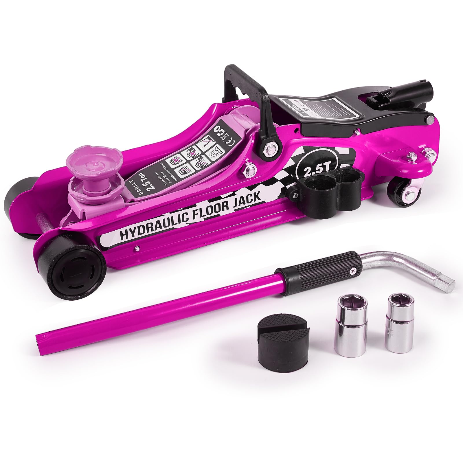 Kit cric da pavimento, 2,5 tonnellate (2,5 kg), cric idraulico a basso profilo, cric a carrello, kit di attrezzi per SUV e auto, kit universale con chiave a capocorda rosa