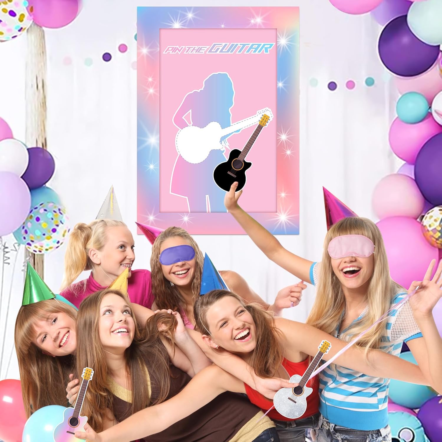Lidmada Pin The Guitar Game Poster, Large Pink Music Party Game with 24 Reusable Guitar Stickers, 3+