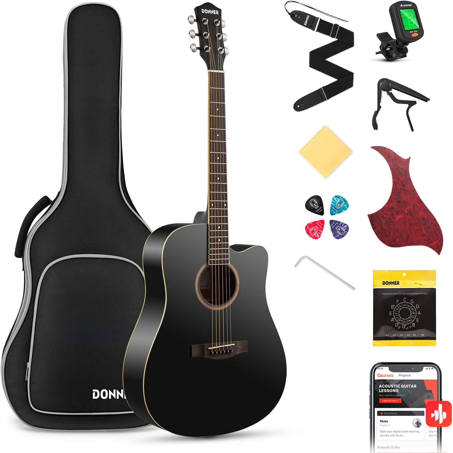Donner Black Acoustic Guitar for Beginners, Adult, Teens, Starter Kits - Full Size 41'' Steel-String Acustica Guitarra Bundle Set with Free Online Lesson, Gig Bag, Strap, Tuner, Cutaway, DAG-1CB