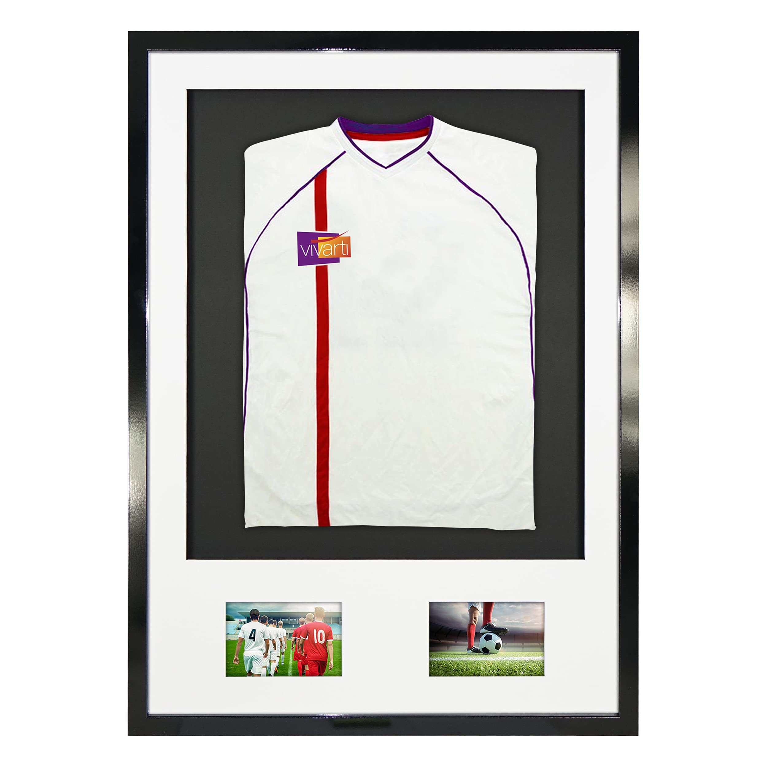 Vivarti DIY Junior 3D montado + doble apertura camisa deportiva marco A1 59,4 x 84 cm – marco negro brillante, soporte blanco, tarjeta trasera negra