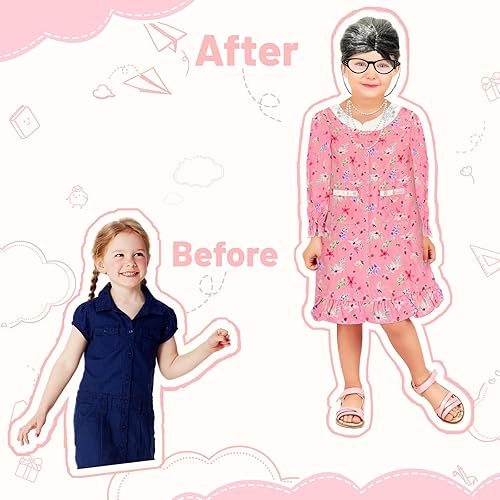 Miniatura 5 de MEPUSON Disfraz de anciana para niños, disfraz de 100 días de escuela, disfraz de Halloween, abuela, peluca de abuelita, accesorios de cosplay