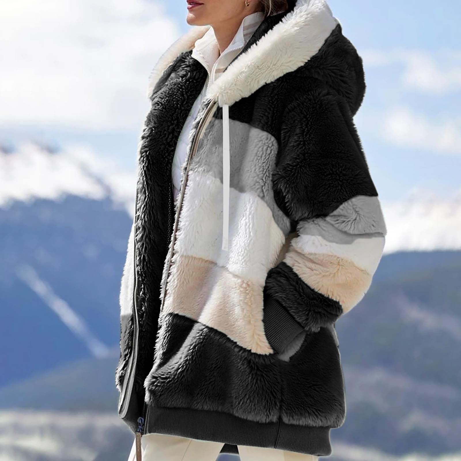Teddyjacke Damen Mit Kapuze Winterjacke Flauschig Plüschjacke Warm | Teddy Fleecejacke Damen Kuscheljacke Frauen Winddicht Teddy - Mantel Zipper Plüschmantel Casual Flauschjacke Mit Taschen