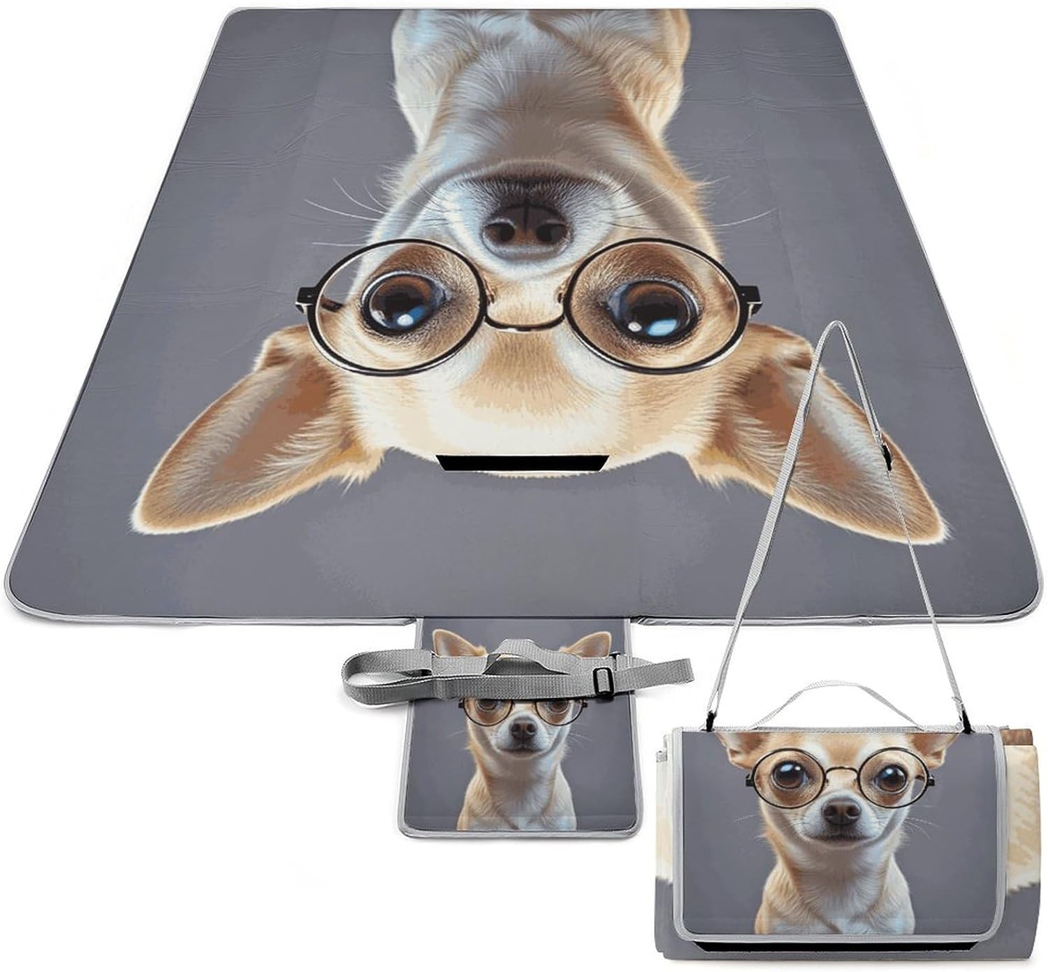 Chihuahua Dog Glasses Beach Blanket Thickened Foldable Camping Mats Soft Lightweight Beach Pad Square Picnic Blankets with Shoulder Strap for Park Grass Patio Hiking