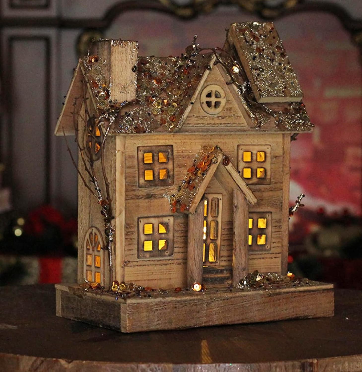 LED Christmas Snow Village Wooden House: Warm Color Glowing Christmas Town Miniature House. Suitable for Desktop Center Display and Other Home Decorative Ornaments