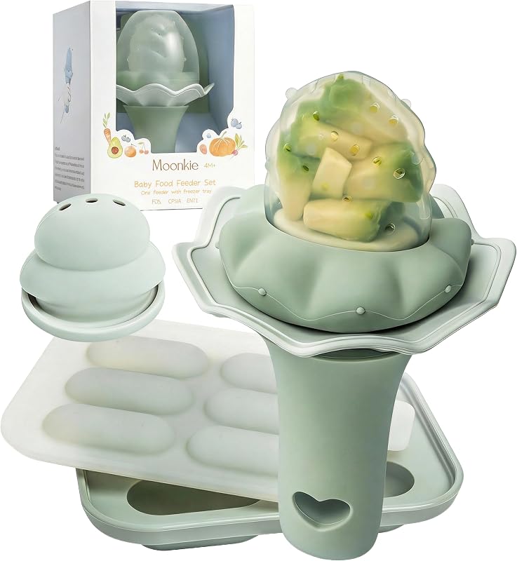 Moonkie Baby Fruit Feeder for Self-Feeding: Controlled Flow Design with 2 Pouches for Safe First Foods - BPA Free Silicone Food Feeder with Freezer Tray for Cooling Comfort - 4 Months+ - 1 Pack