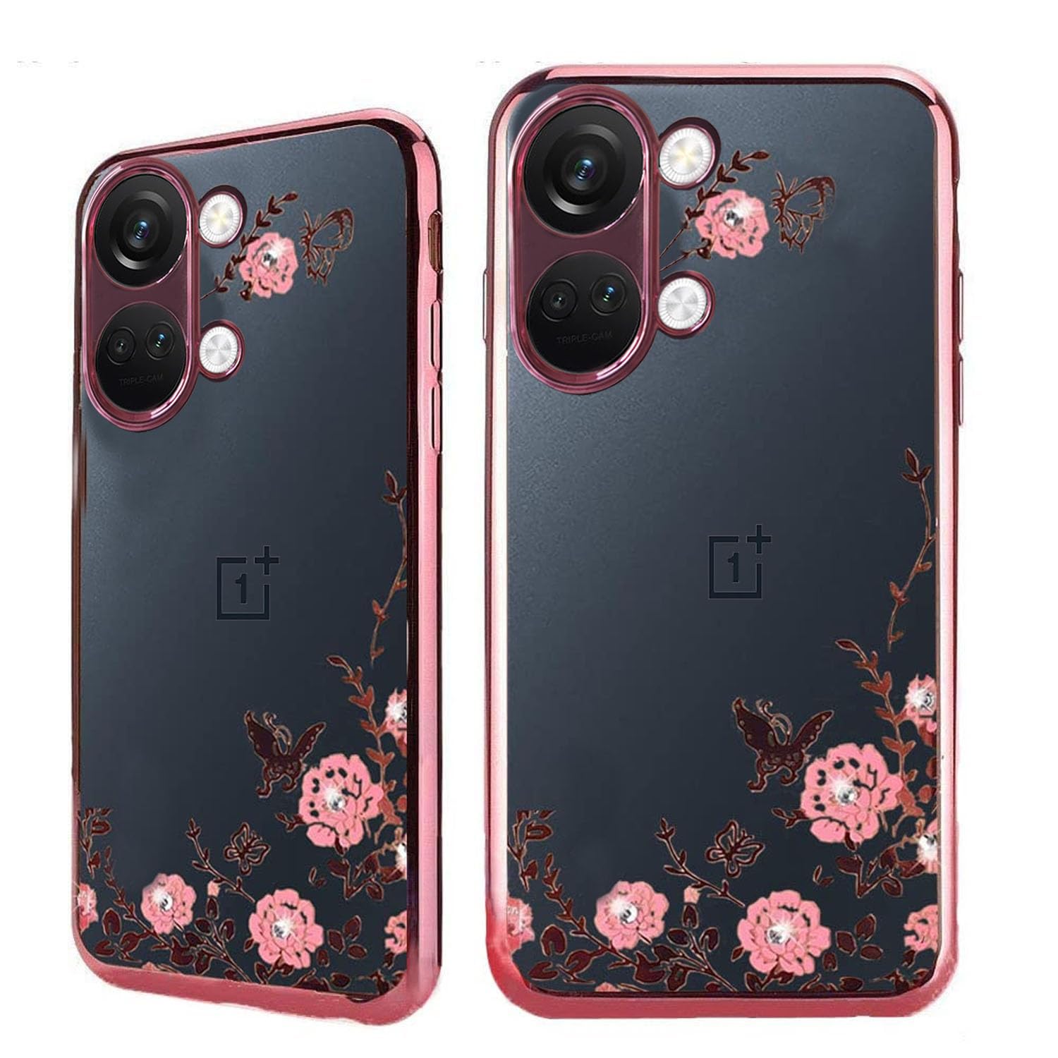 KC Back Cover for Oneplus Nord 3 5G - Auora Pink Flowers and Butterflies with Crystals Soft Silicone Transparent Camera Protection Case (Rose Gold Pink)