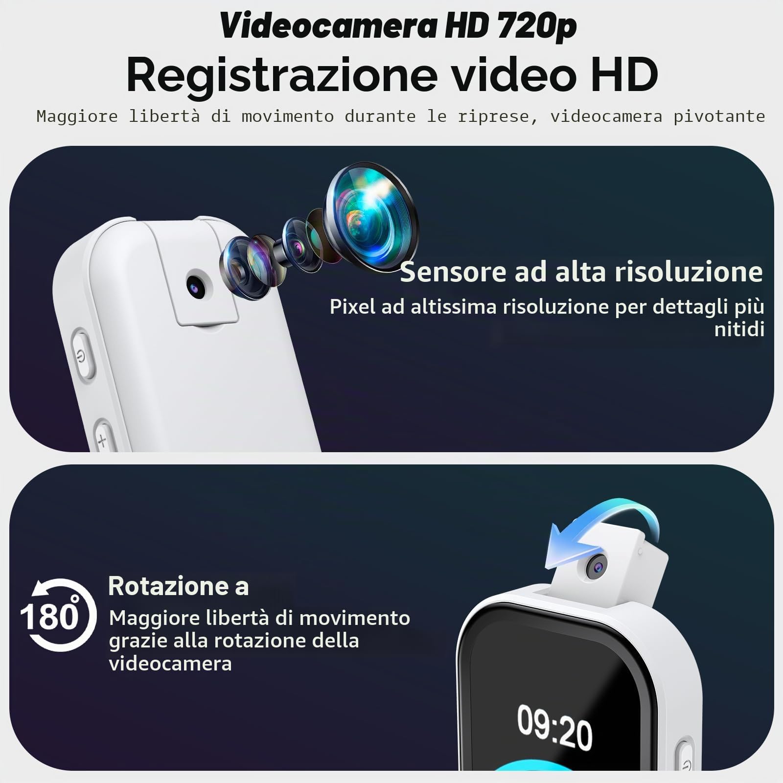 64GB Lettore MP3 Bluetooth 5.4 con fotocamera apribile a 180°, RWSRW, mini lettore musicale HD, altoparlante FM, album fotografico, ideale per Hi-Fi, lettore e-book, contapassi (Bianco)