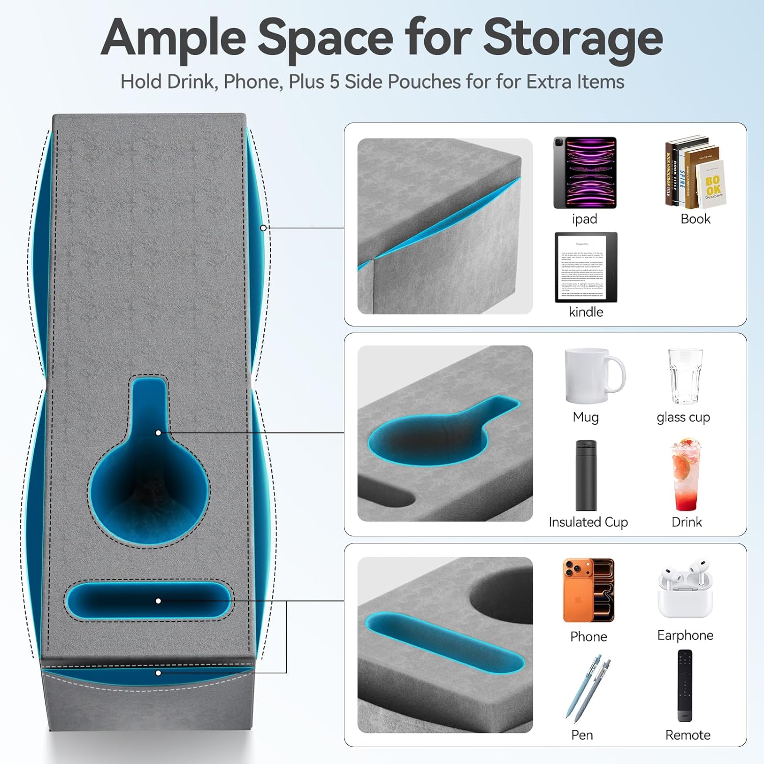 Couch Armrest Caddy with Cup Holder, Portable Sofa Armrest Pillow Drink Holder Table Tray with 5 Large Side Storage Pockets, Portable Sofa Rrmrest for Reading & Bed Rest Pillows Armrest- 1 Pack - Image 2