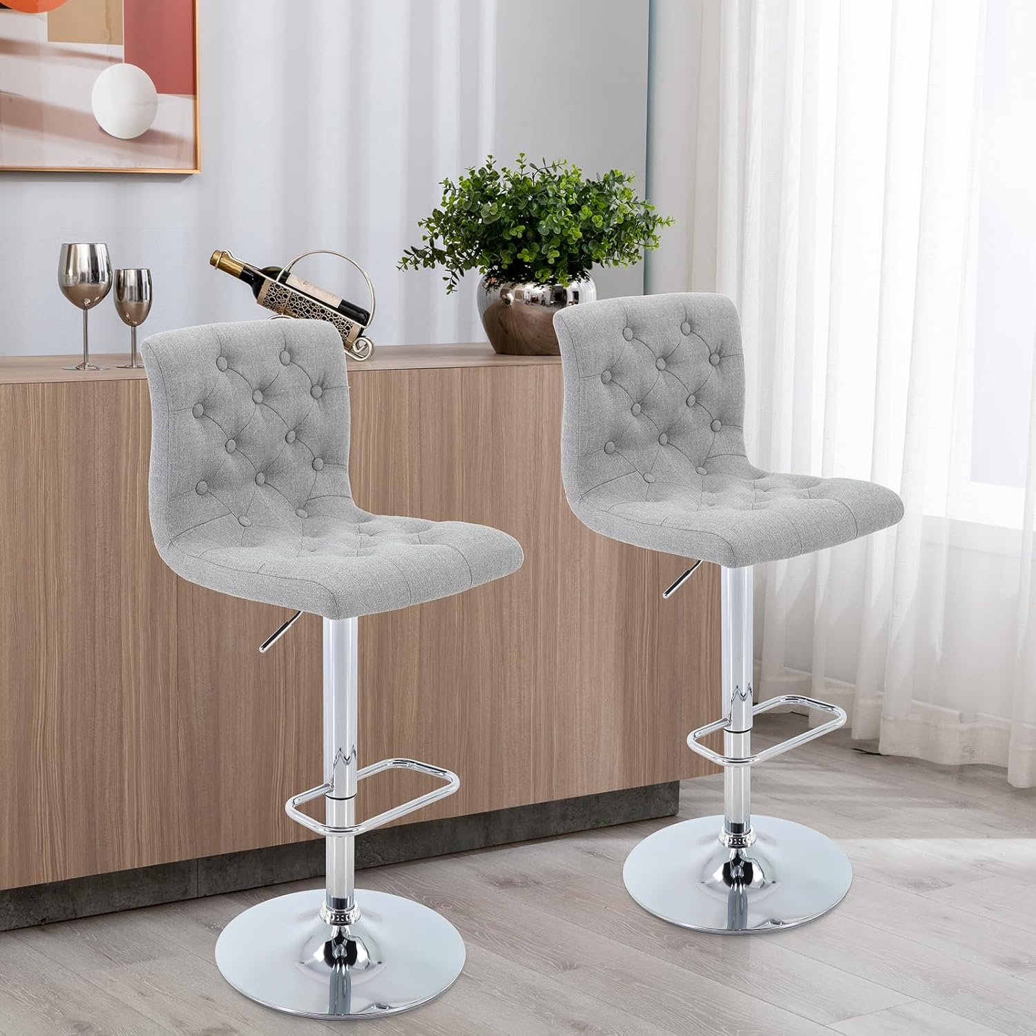 Brage Living Tufted Fabric Bar Stools Set of 2, Adjustable Swivel Counter Height Barstools with Back, Upholstered Armless Airlift Bar Chairs for Kitchen Dining Cafe (Light Grey)