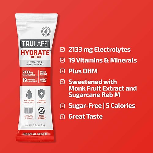 Miniatura 2 de TRULABS Hydrate + Detox - Tropical Punch. Paquetes de hidratación de electrolitos sin azúcar. Cada porción contiene 1422 mg de electrolitos, 19