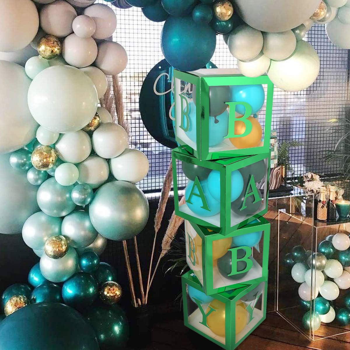 Safari Baby Shower Decorations Boxes 4 Pcs Transparent Balloons Boxes Decor With Letter Green Large Baby Blocks For Boys Girls Jungle Baby Shower Bridal Shower Birthday Party Gender Reveal Backdrop Buy