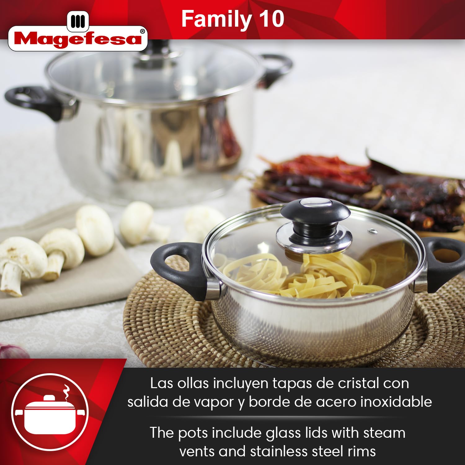 Magefesa Family - Batería de Cocina, 10 piezas, Acero Inoxidable, Fácil Limpieza y Apta Lavavajillas, Asas Bakelita toque soft-cold