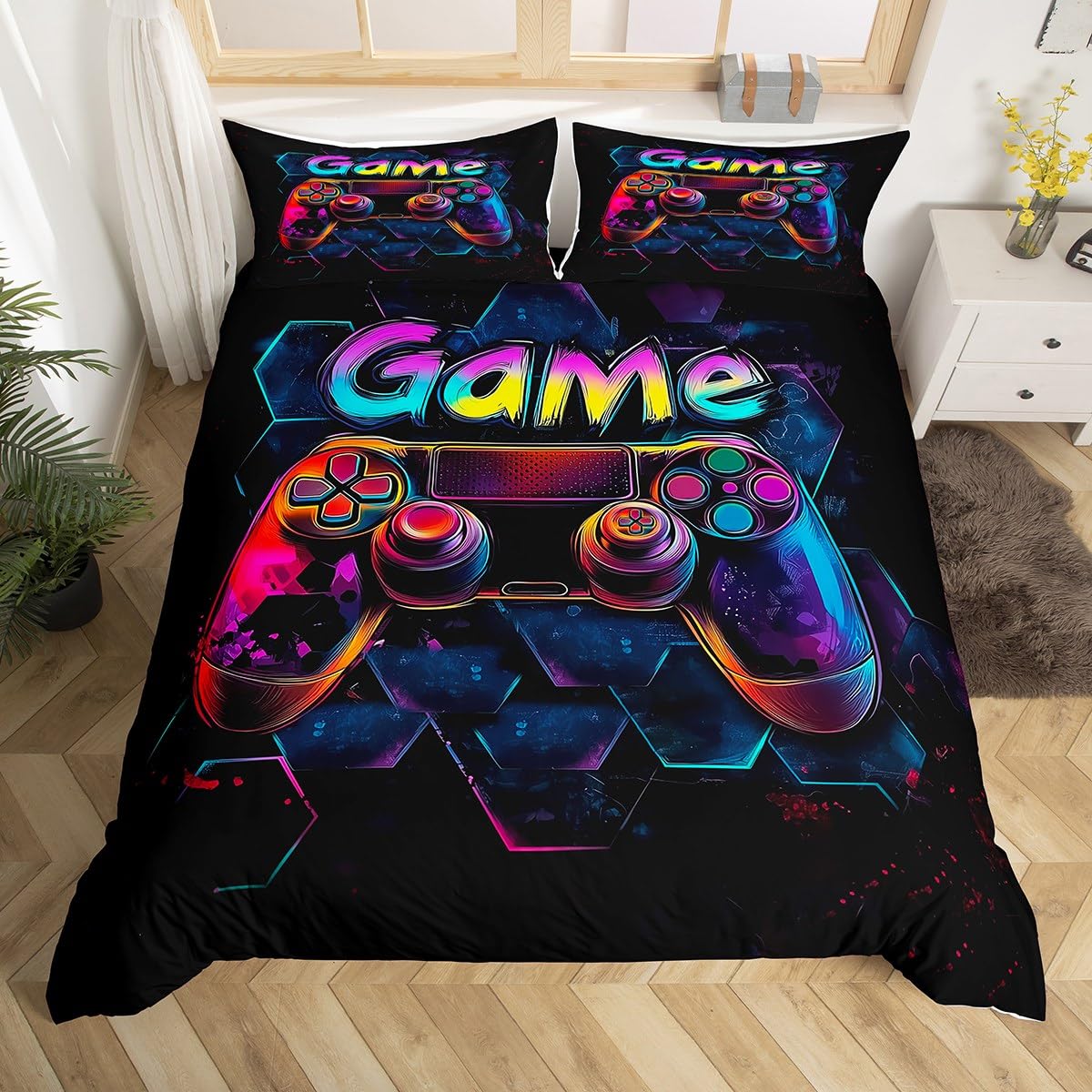 Gamer King Duvet Cover for Boys Teens, Geometric Gaming Kids Bedding Set Game Room Decor, Modern Abstract Gamepad Duvet Cover Set, Game Console Bed Sets, Black Reversible — image 1