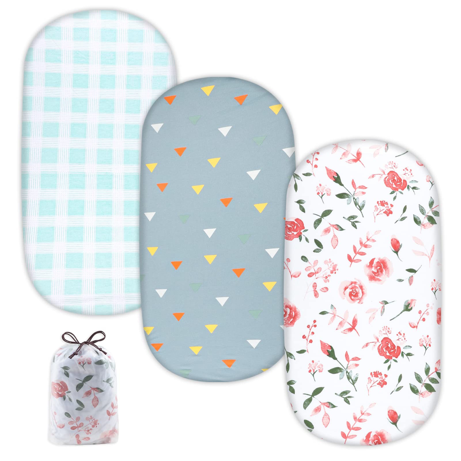 FLYISH DIRECT Moses Basket Sheets Fitted, Baby Bassinet Sheets Fitted, 80x40cm, 3 Packs of 100% Cotton Cradle Sheet, Fit for Oval, Hourglass & Rectangle Bassinet Mattress, Flower