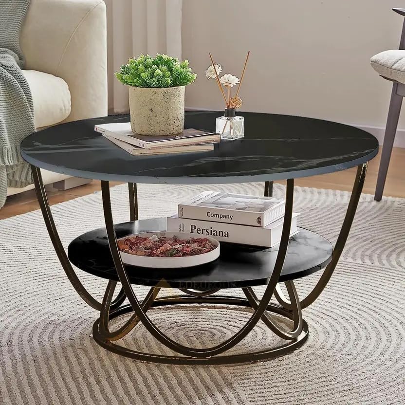 - Modern Round Coffee Table with Storage Shelf - 2 Tier Metal Frame Center Table | 55cm Diameter Engineered Wood Top | Contemporary Accent Cocktail Table with Curved Base Design (ALL BALCK)