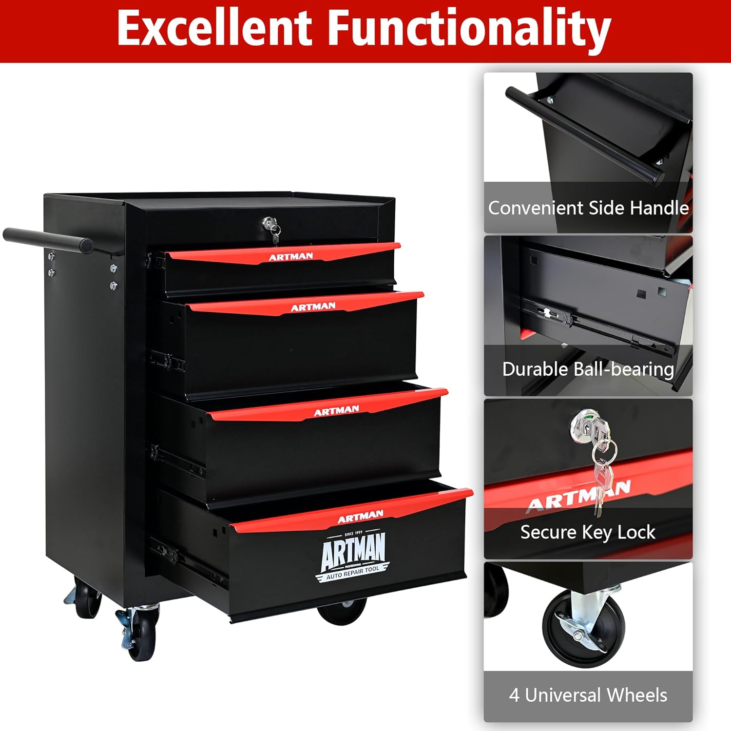 RYH 4/5/6/7 Drawers Rolling Tool Chest - Heavy Duty Mobile Tool Cart with Locking Wheels & Ball Bearing Drawers, 30.5" H x 20.9" W x13 D Garage Tool Storage Cabinet，Metal Tool Box (Black, 4 Drawers)