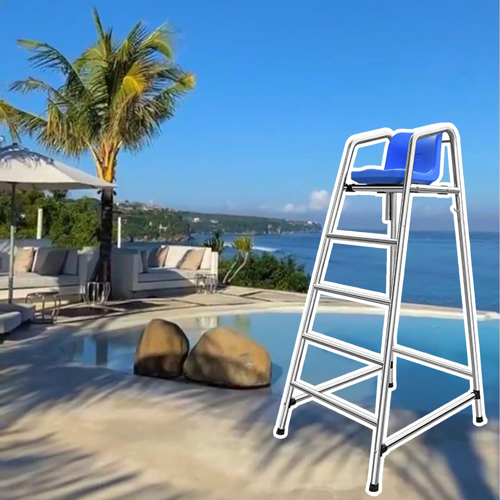 Stainless Steel Lifeguard Chairs 47"/59"/71" - Poolside Pavilion Lake Deck Stool, Coast Guard &amp; Referee Competition Chair with Hook &amp; Sunshade (Silver)