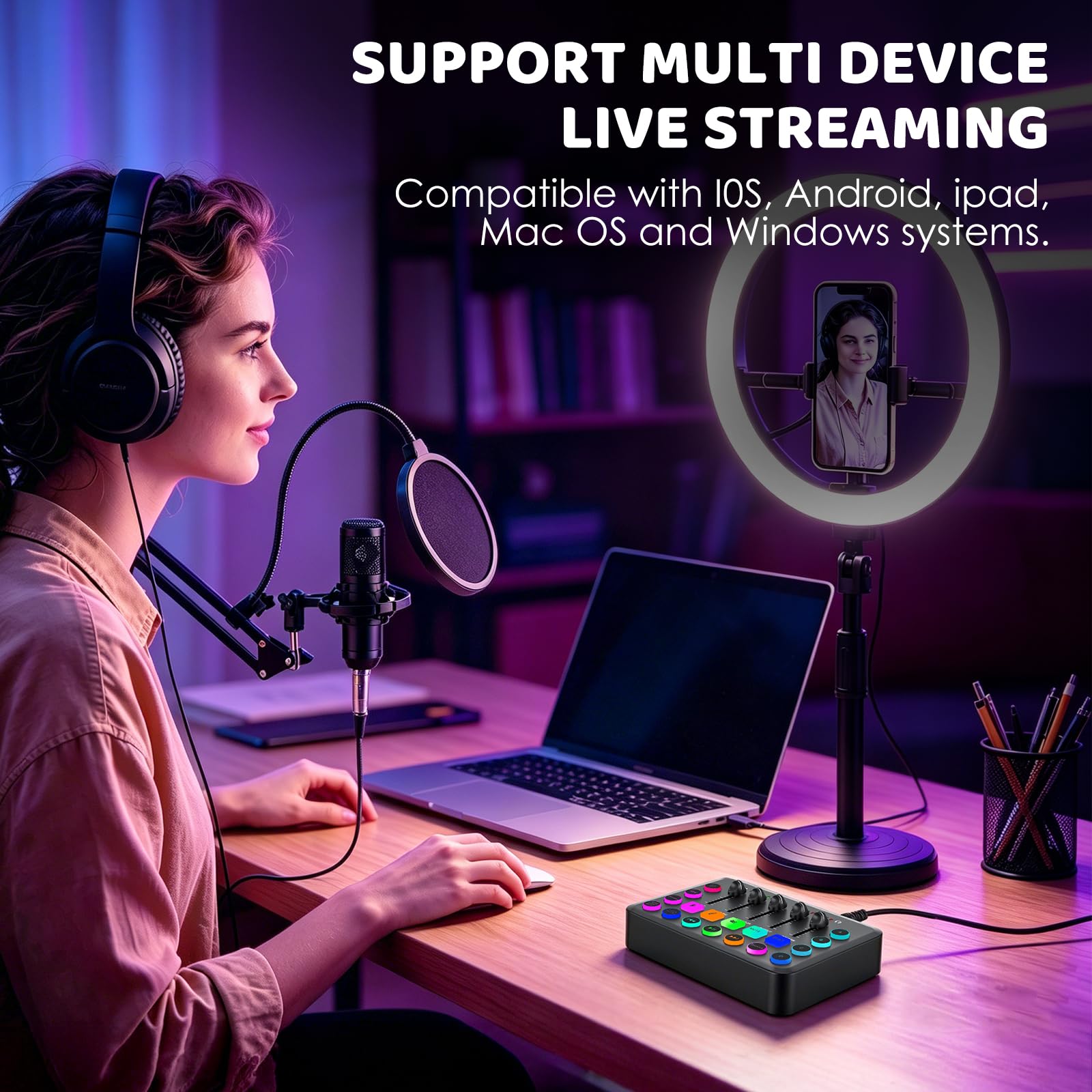 Kit de micrófono Podcast con interfaz de audio y tarjeta de sonido, micrófono condensador BM-800 para transmisión en vivo, canto, juegos y grabación, compatible con PC/portátil, YouTube/TikTok