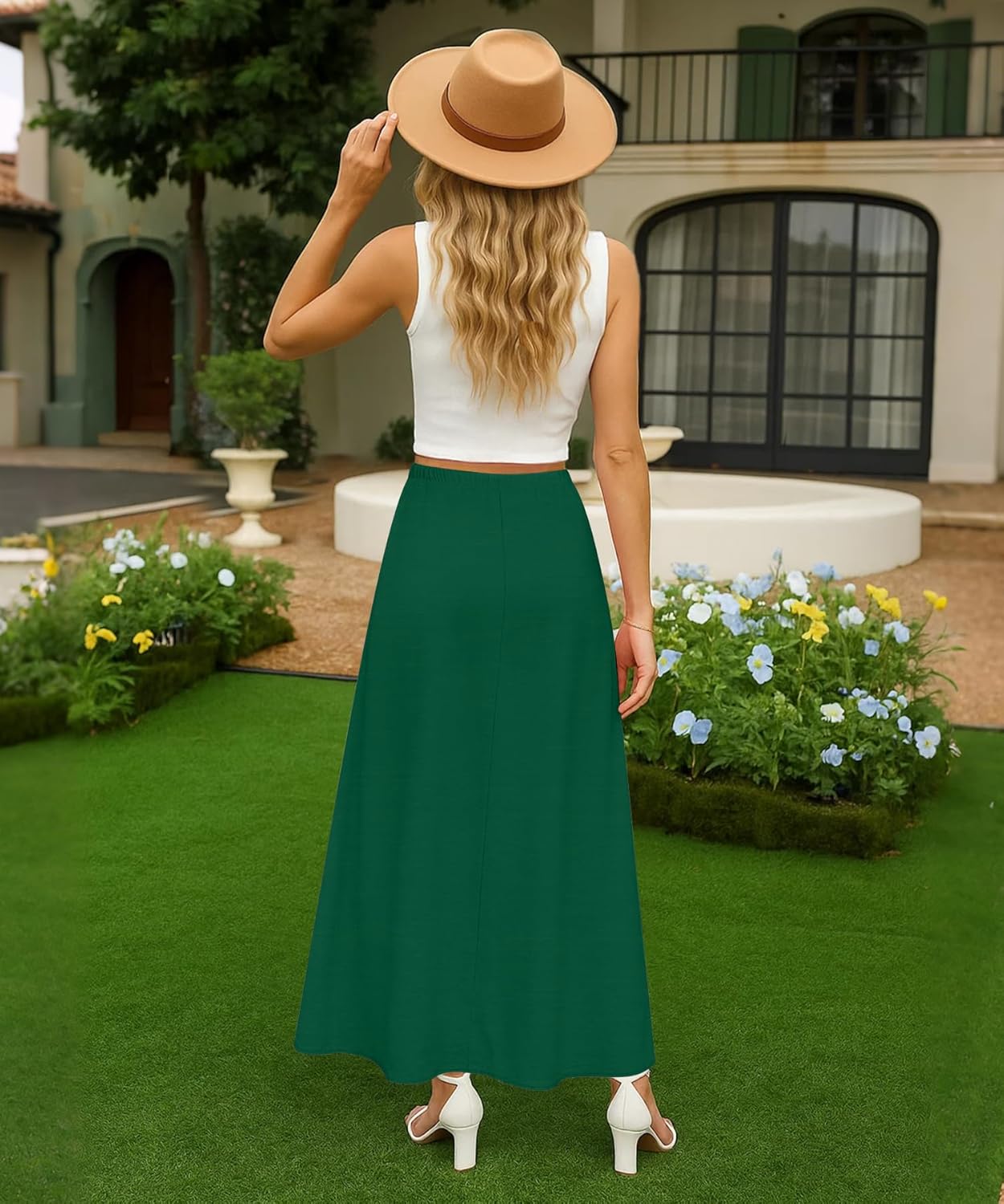 NILOUFO Womens Maxi Skirts High Waisted Adjustable Elastic Waist with Pockets Beach Flowy Casual Long Skirt - Image 3