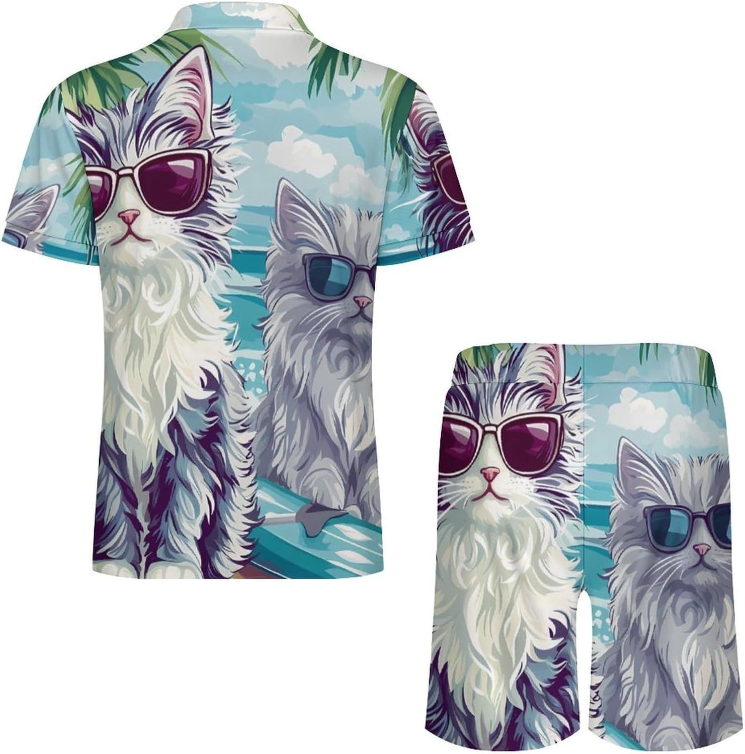 Cute Cat Surf Beach Mens Polo Shirts Track Suits 2 Piece Short Sleeve Sweatsuit 1/4 Zip Golf Loungewear for Sports