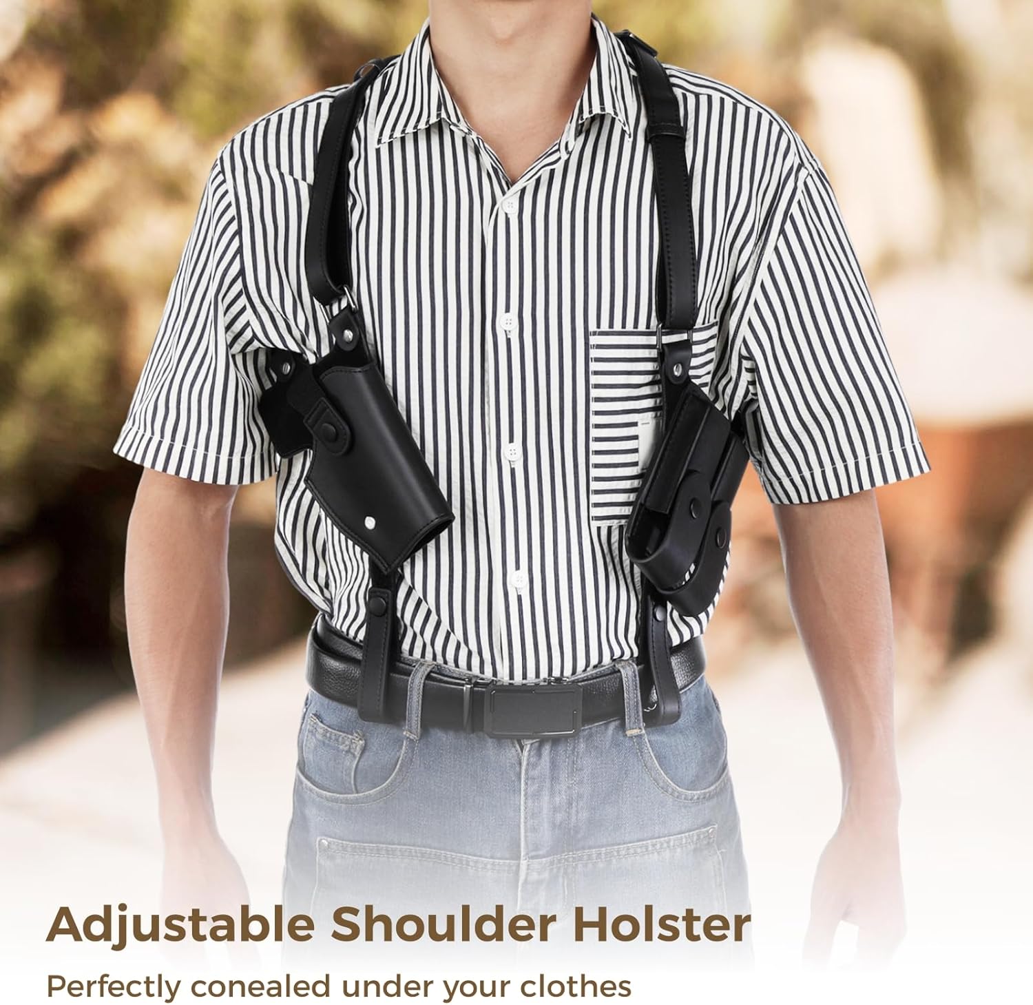 Adjustable Leather Shoulder Holster - Universal Concealed Holster with Magazine Pouch, Compatible with Glock 17 19 23, Full-Sized 1911, Sig Sauer P220 P320, Ruger P85, Beretta 92FS, Right Hand Use - Image 6