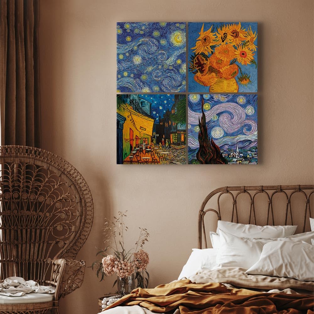 murando - Set di 4 Quadri Fonoassorbenti Vincent van Gogh Notte Stellata e Girasoli 80x80 cm Ciascuno delle Dimensioni di 40x40 cm 4 Pezzi - Quadro Acustico Stampa su Tela Camerretta l-B-0002-b-i