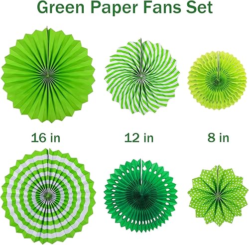 Vista 4 de Juego de decoraciones de fiesta verde para cumpleaños, abanicos de papel, pompones de seda, serpentinas, suministros para fiesta temática, guirnalda