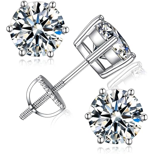 Moissanite Earrings For Women, Lab Created Diamond Studs For Men, 925 Sterling Silver 18k White Gold-Plated Screw Back Round Cut D Color Vvs1 Clarity Diamond Stud Earings