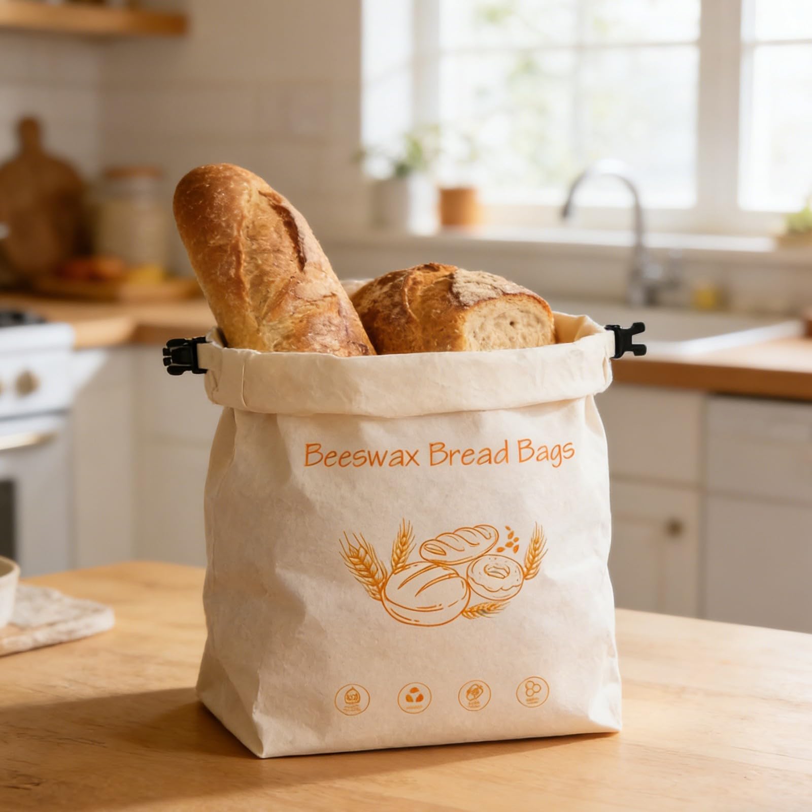 Borsa per alimenti in cotone biologico, cera d'api, con elastico e moschettone, essenziale per la cucina sostenibile per pane, formaggio, soluzione sostenibile per la cucina