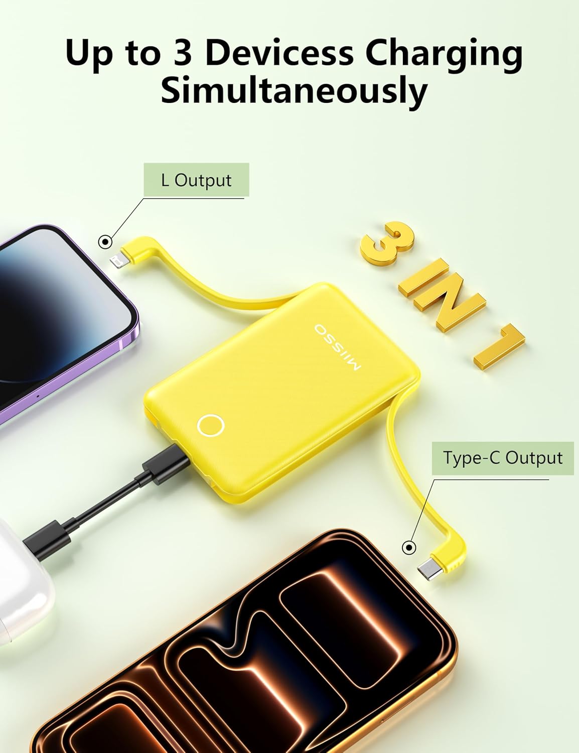 miisso 10000mAh Mini Portable Charger with Built in Cable, Pocket Size Power Bank Travel External Battery Pack for Phone, 3 Output USB Type C Cord Clutch Compatible with iPhone, Samsung, Yellow