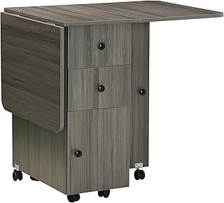 HOMCOM Folding Dining Table for 4-6, Rolling Drop Leaf Table on Wheels with Storage Drawers, Cabinet and Open Shelf for Kitchen, Dining Room, Grey
