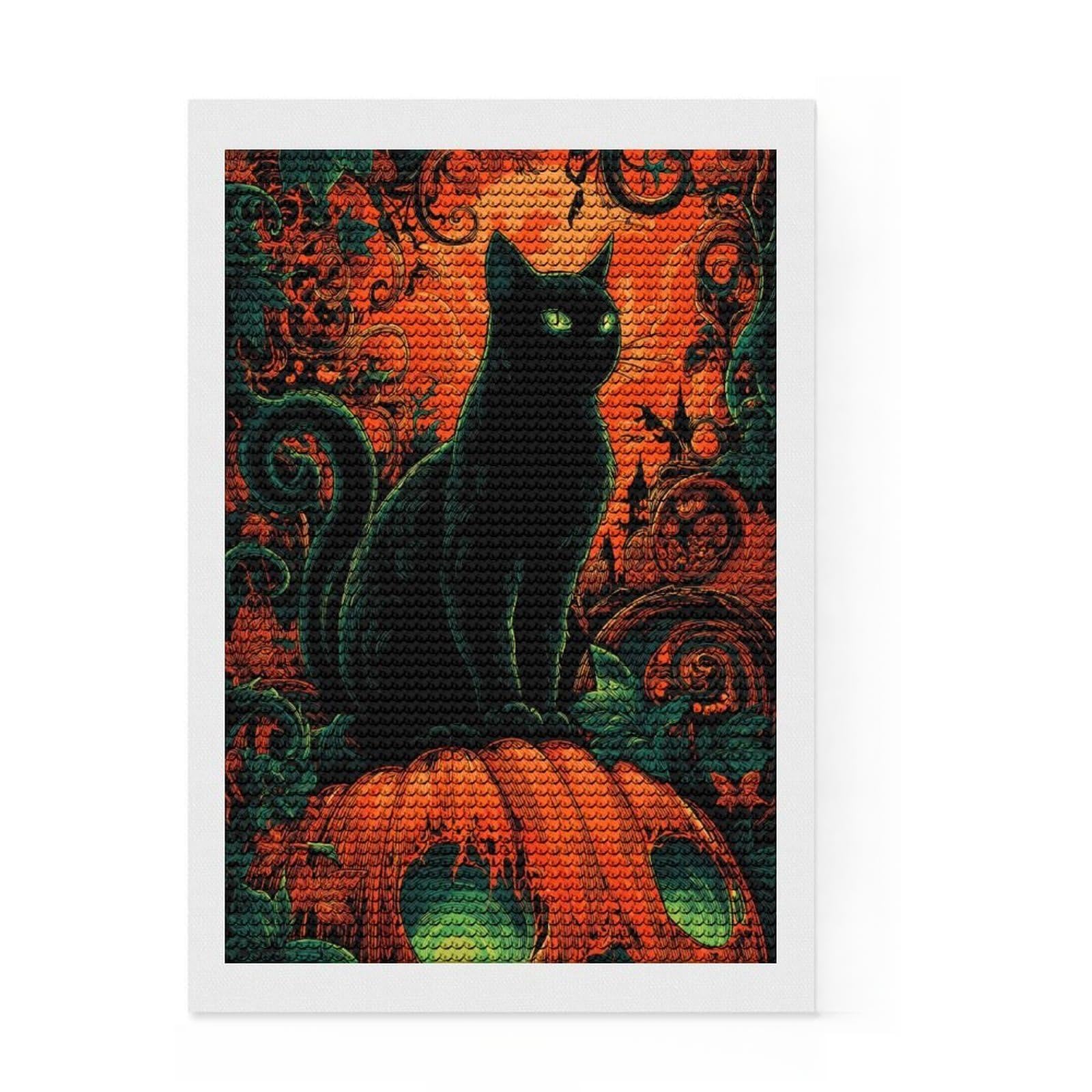Junmoney Cat of The Night DIY Diamond Art Canvas Kit 8"x12", for Adults, Boho Decor, Full Kit Included, Artistic Hobby, Arts and Crafts