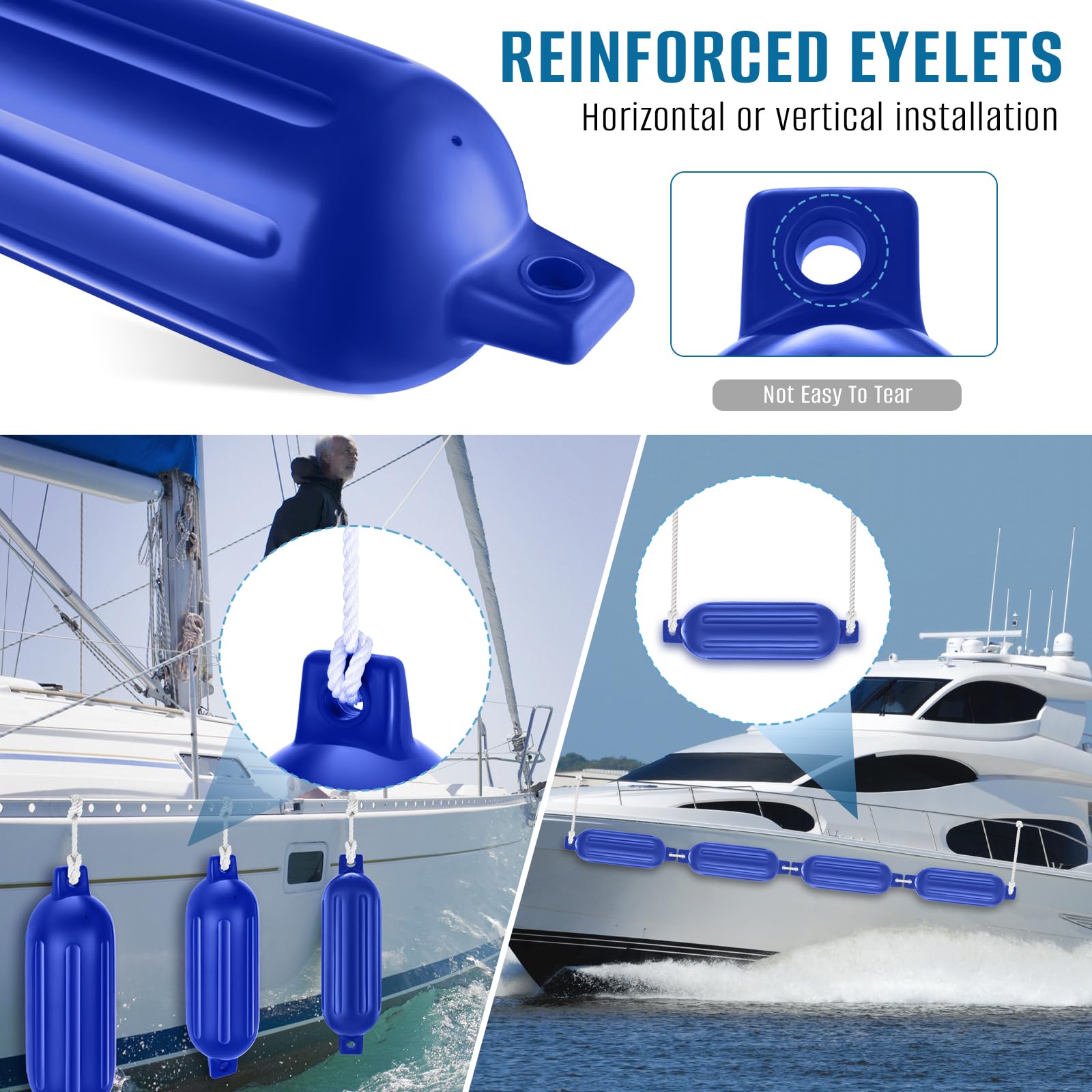 Parafanghi per barca, 16,5 x 58,6 cm, con doppio occhiello, a coste, confezione da 4, con linee e pompa per gonfiare per attracco, colore: blu