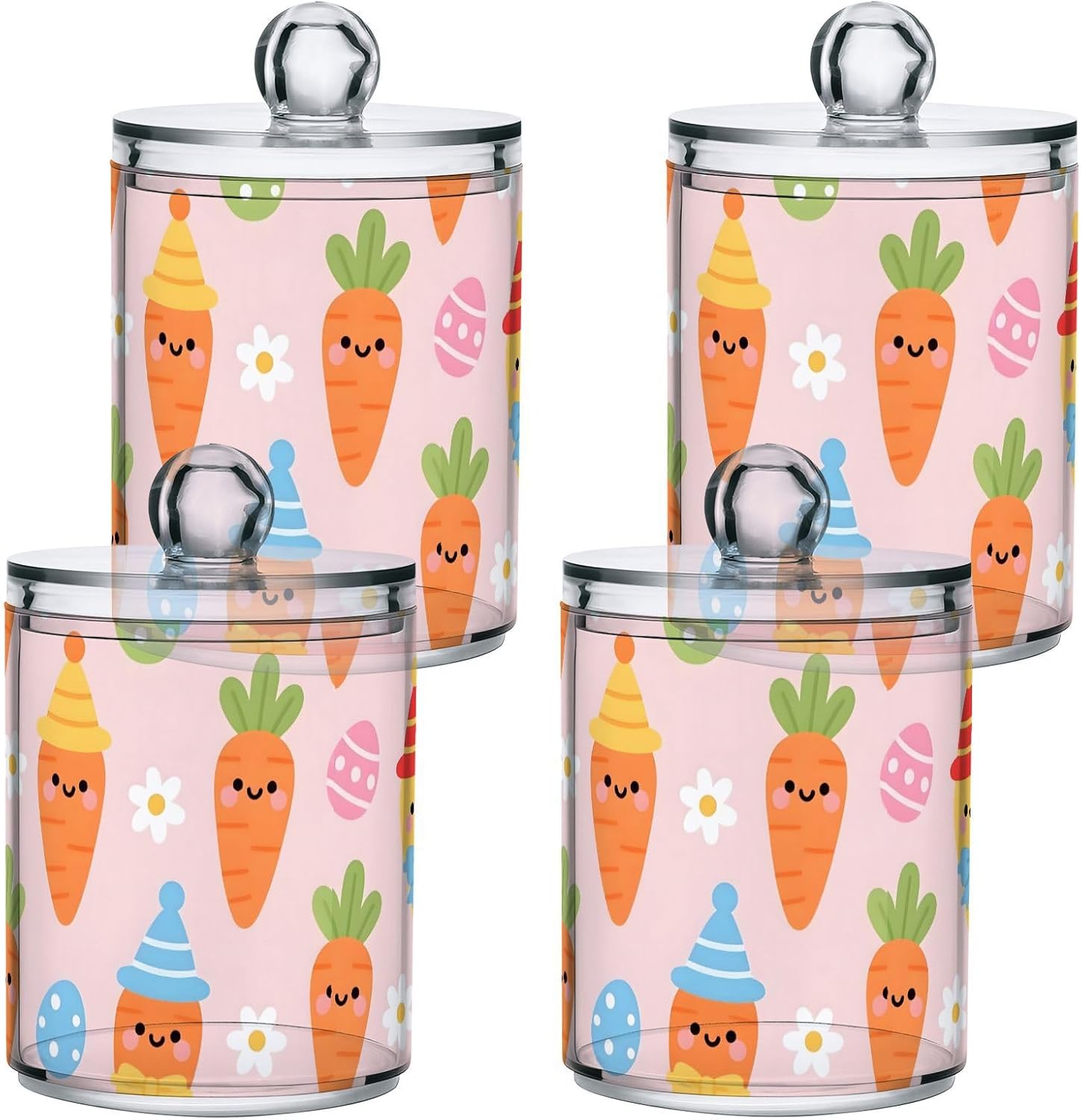Qilmy Kawaii Carrot Party Qtip Holder 4 Pack, 14 oz Apothecary Jars Bathroom Vanity Organizer Canister for Qtips, Cotton Swabs, Cotton Balls, Cosmetic Pads, Flossers, Bath Salts