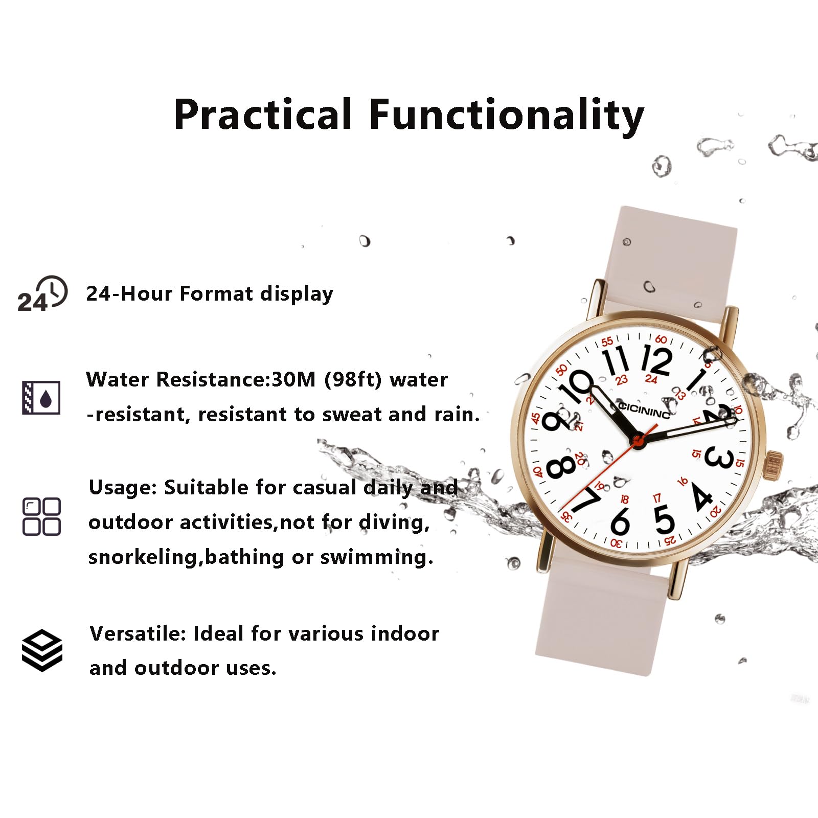 Watch with Second Hand Nursing for Women, Analog Watches for Nurses, 12/24 Hour Military Time, Easy Read Dial, Colorful Silicone Band