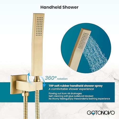 Miniatura 8 de gotonovo Sistema de ducha de lluvia dorado cepillado con alta presión de 10 pulgadas de cabezal de ducha cuadrado y mango para baño, montado en la