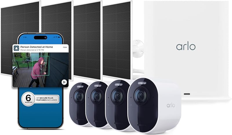 Cámara de seguridad Arlo Ultra 4K HDR (3.ª generación) - 4 cámaras + 4 solares + plan de 6 meses | Vídeo 4K HDR; campo de visión de 180°; SmartHub incluido; Detección de IA y subtítulos de eventos; Respuesta de emergencia; Plan seguro de 6 meses incl.