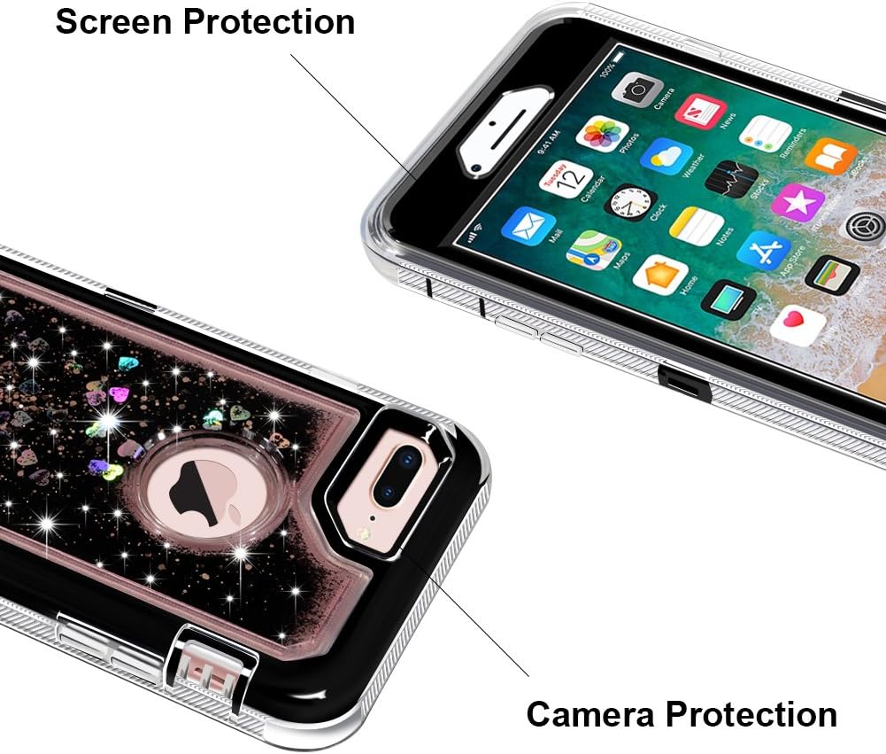 Anuck Case for iPhone 8 Plus Case, for iPhone 7 Plus Case 5.5 inch, 3 in 1 Hybrid Heavy Duty Defender Case Sparkly Floating Liquid Glitter Protective Hard Shell Shockproof TPU Cover - Black