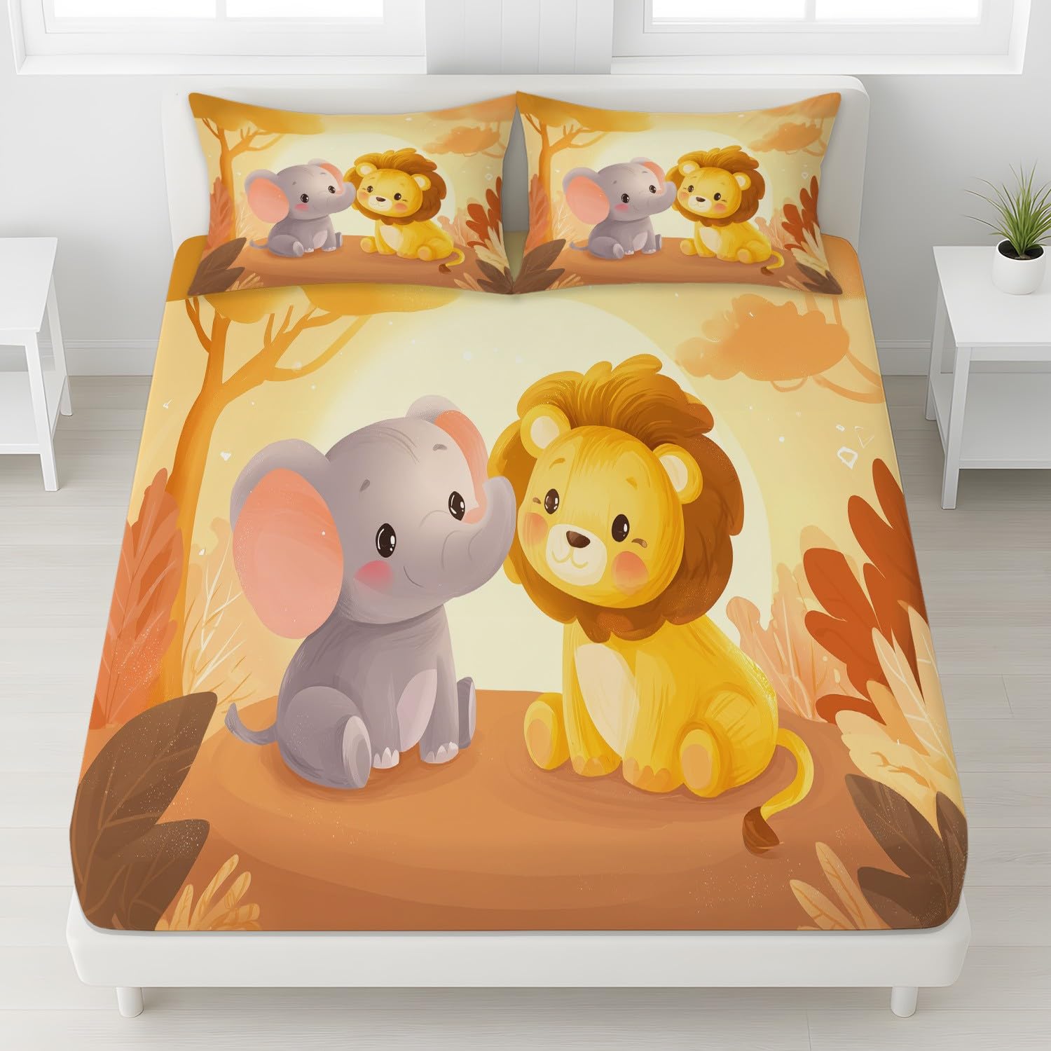 Cartoon Tiere Spannbetttuch Warm Süß Tiger Kleiner Elefant Spannbettlaken 200 x 200 x 30 cm 3teilig Mikrofaser Bettwäsche Set mit 2 Kissenbezüge 80 x 80 cm Kein Flachbettlaken