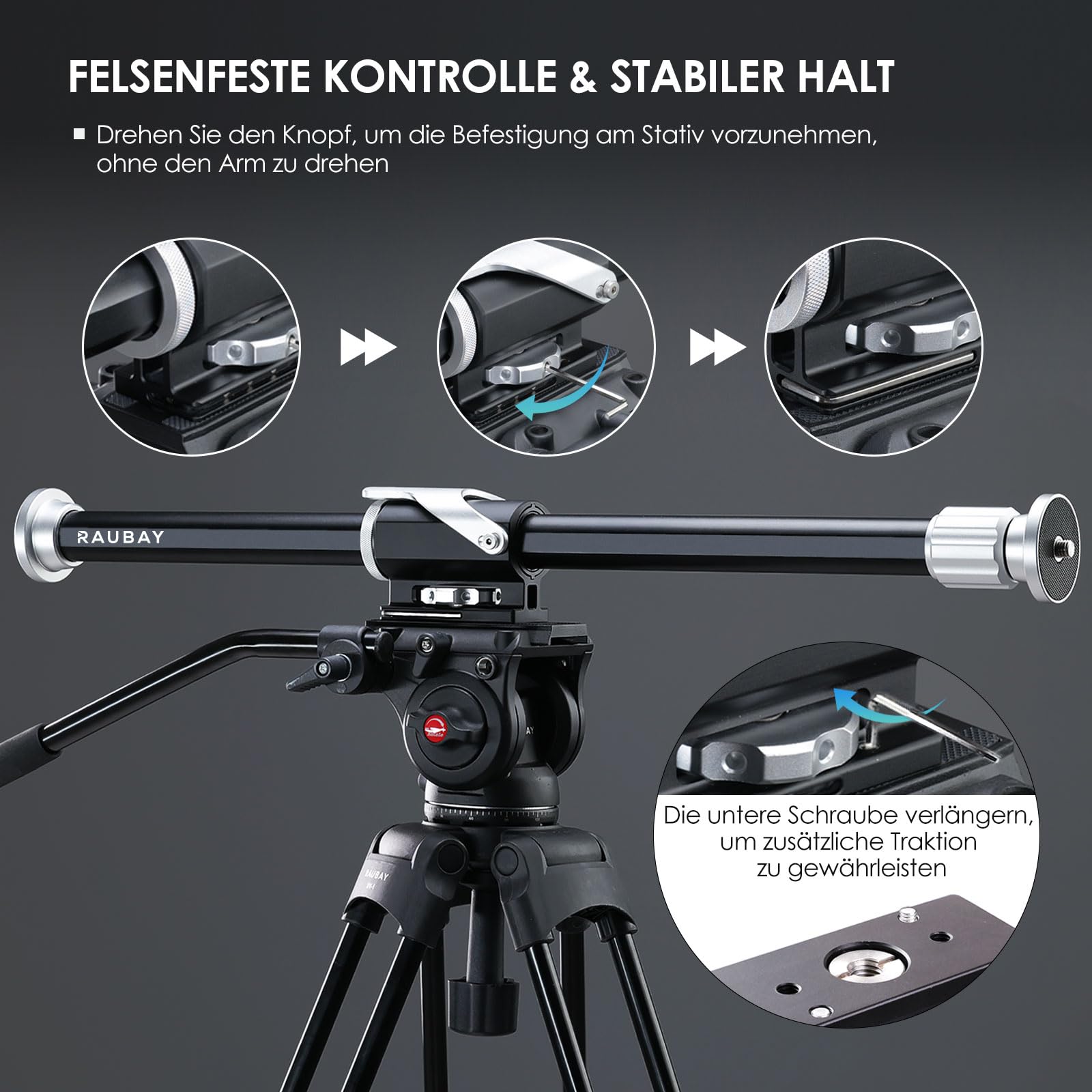 RAUBAY Stativ-Verlängerungsarm, Fester horizontaler Ausleger für Overhead- & Top-Down-Aufnahmen, Robustes Aluminium, 1/4" & 3/8" Anschluss, 66–102 cm verstellbar für Kamera & Licht TE01