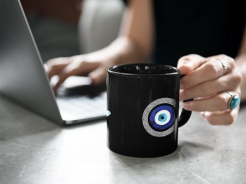 Miniatura 4 de Soul'n'Passions Taza de cerámica con estampado de llave griega Mati de mal de ojo griego, 15 onzas, color negro