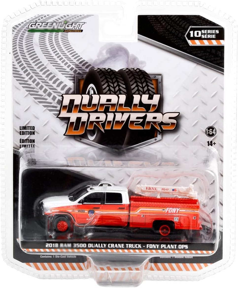 2018 3500 Dually Crane Truck Red and White with Stripes FDNY (Fire Department of The City of New York) Plant Ops Dually Drivers Series 10 1/64 Diecast Model Car by Greenlight 46100D