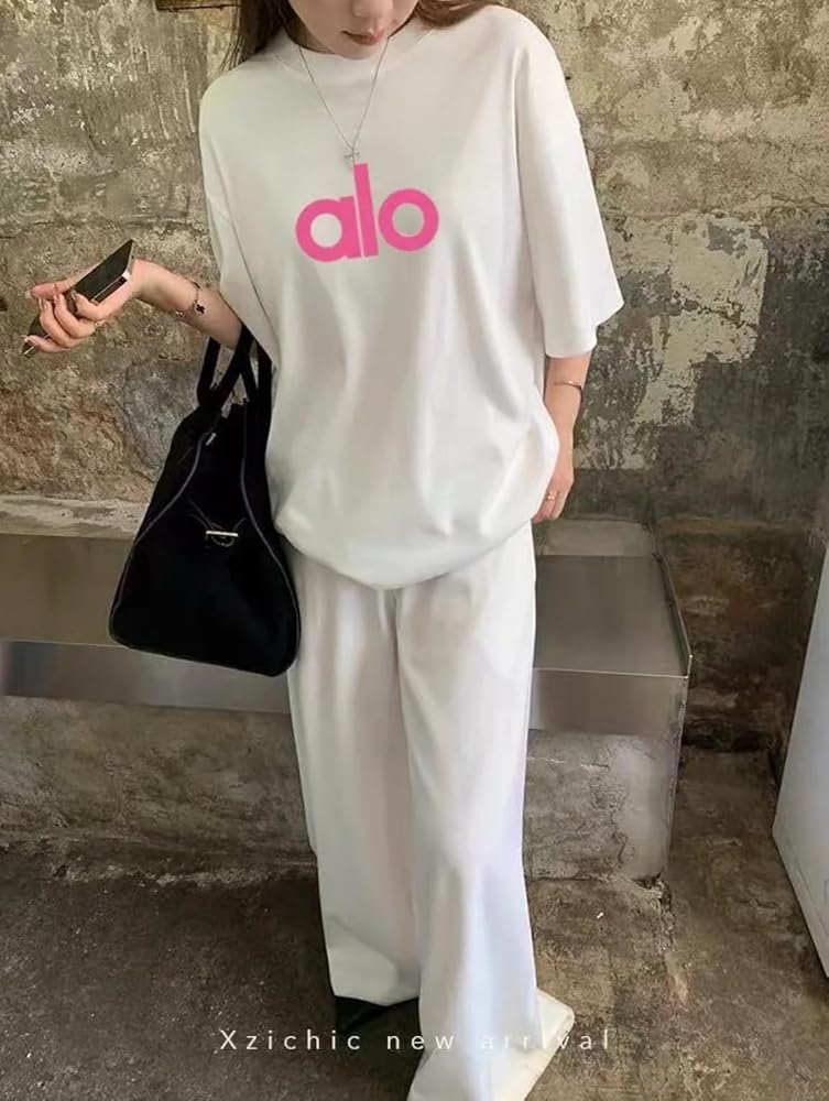 alo ホワイト 半袖TシャツM Amazon | [CAIPANFA] Alo ロゴTシャツ, 半袖, ホワイト, ピンク