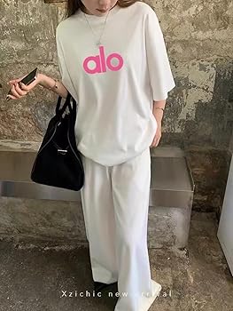 Amazon | [CAIPANFA] Alo ロゴTシャツ, 半袖, ホワイト, ピンク